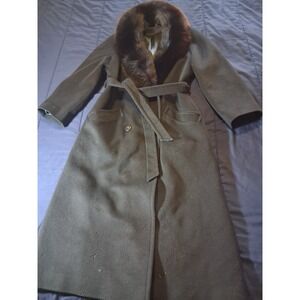 Gemini Vintage 100% wool Black faux fur collared coat Women's 6 USA Made Belted